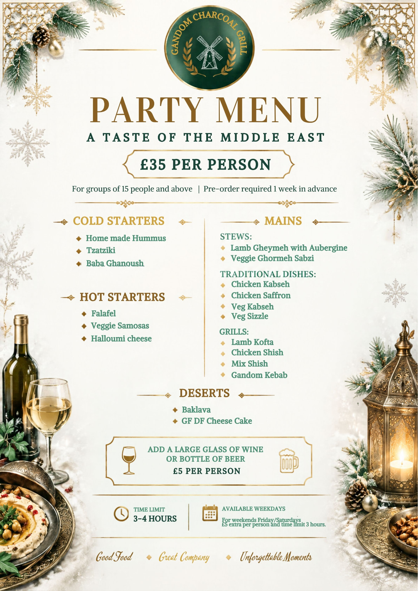 Gandom Charcoal Grill Christmas and New Year party menu, £35 per person