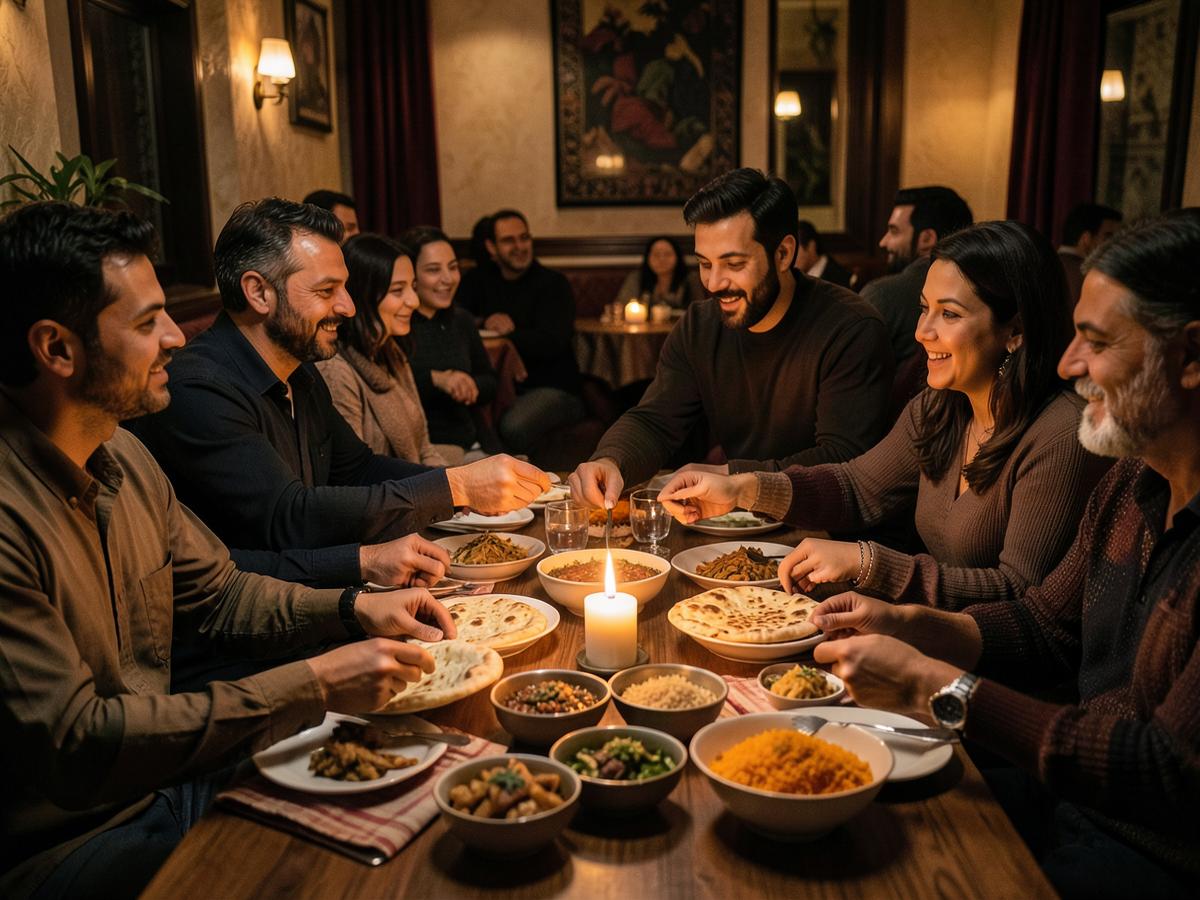 Friends and family sharing Persian and Middle Eastern dishes around a candlelit table