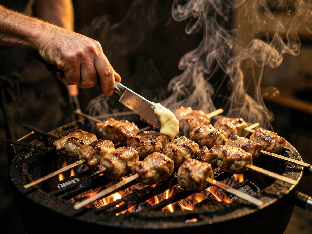 Marinated lamb and chicken kebabs cooking over glowing charcoal embers