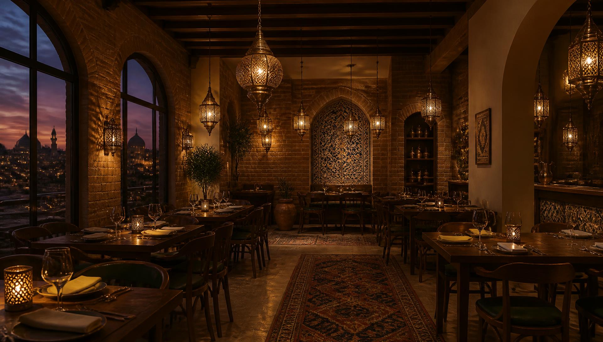 Warm candlelit dining room with brass lanterns