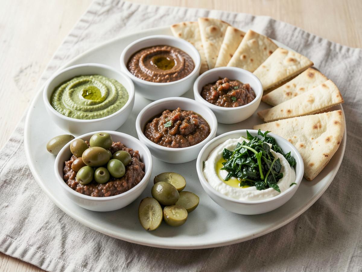 Mezze platter with hummus, muhammara, labneh and warm pita